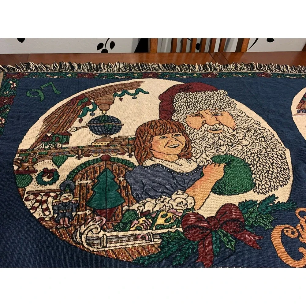 Vtg Santa Christmas at Home Chatham Throw Blanket Tapestry Fringed Cotton USA